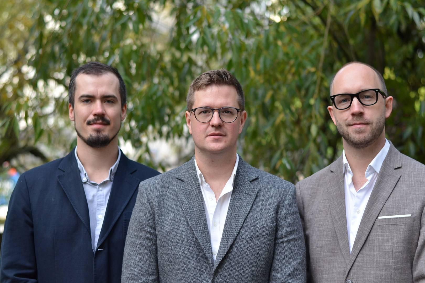 Analyzera's three founders photographed outdoors: Victor Magnusson, Fredrik Giertz and Jon Lachmann.